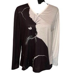 Fashion Women Cat Print Color Block V Neck T-Shirt Casual Long Sleeve Sz L
